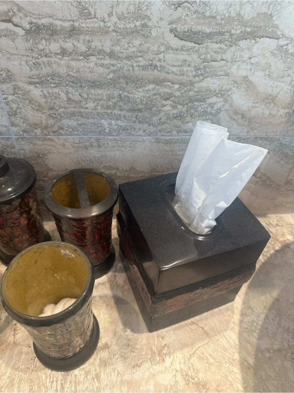 Decorative Yellow and Red Mosaic Bathroom Accessory Set Lot of 6 items